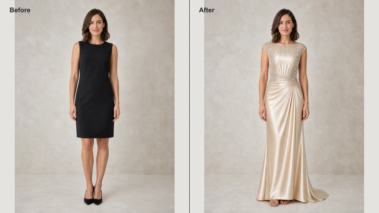 The same woman before and after changing into a champagne crystal evening gown
