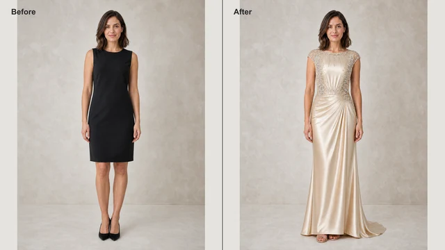 The same woman before and after changing into a champagne crystal evening gown