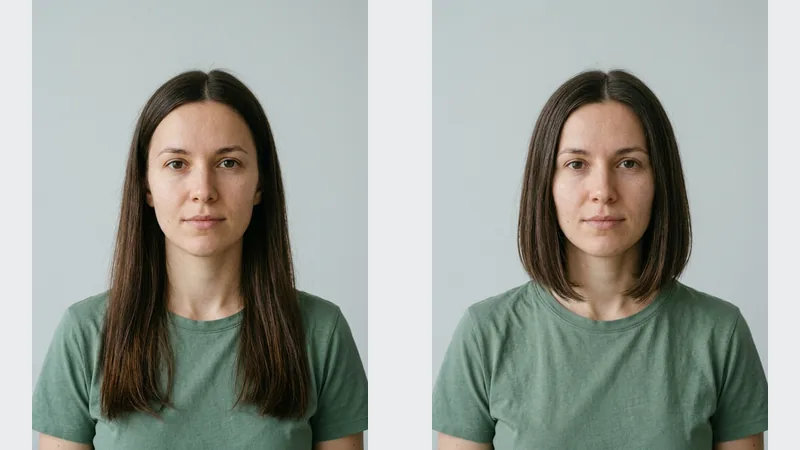 Side-by-side portrait comparison of long dark brown hair and a chin-length bob