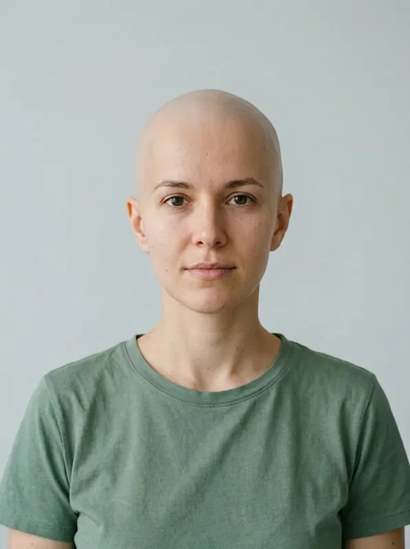 Bald Head / Clean Shave preview on the same fictional woman in a green shirt