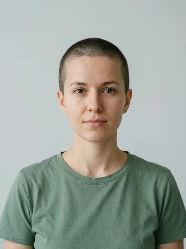 Classic Buzz Cut preview on the same fictional woman in a green shirt