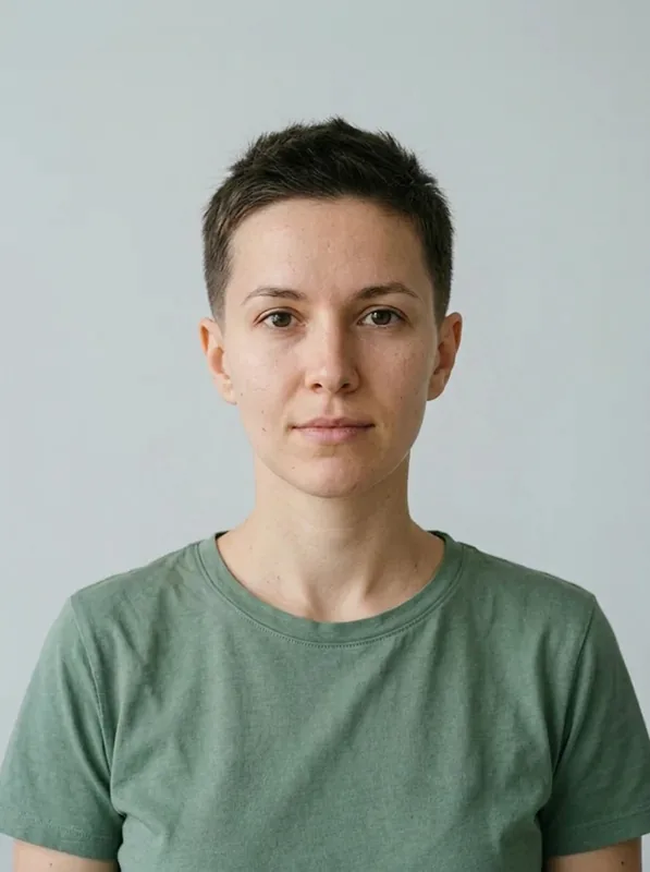 Crew Cut with Low Taper preview on the same fictional woman in a green shirt