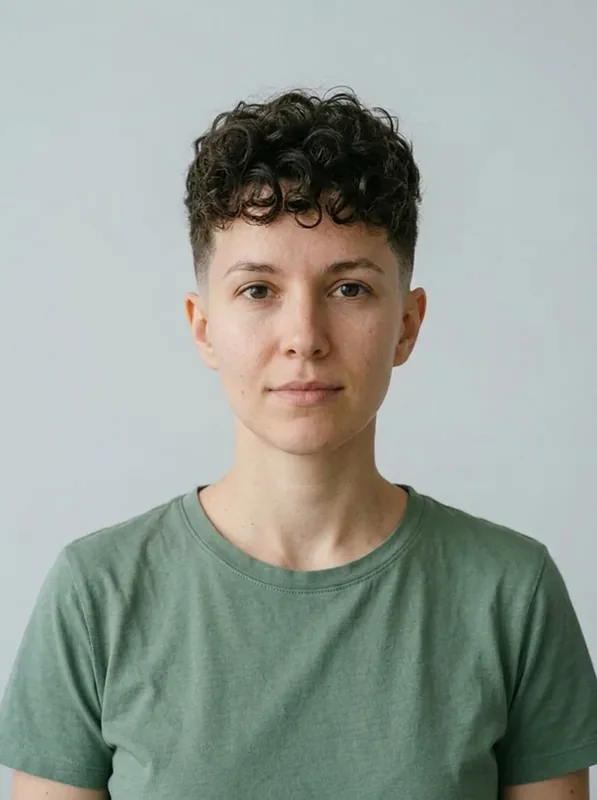 Curly Top with Skin Fade preview on the same fictional woman in a green shirt