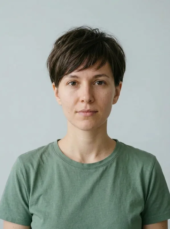 Soft Pixie Cut preview on the same fictional woman in a green shirt