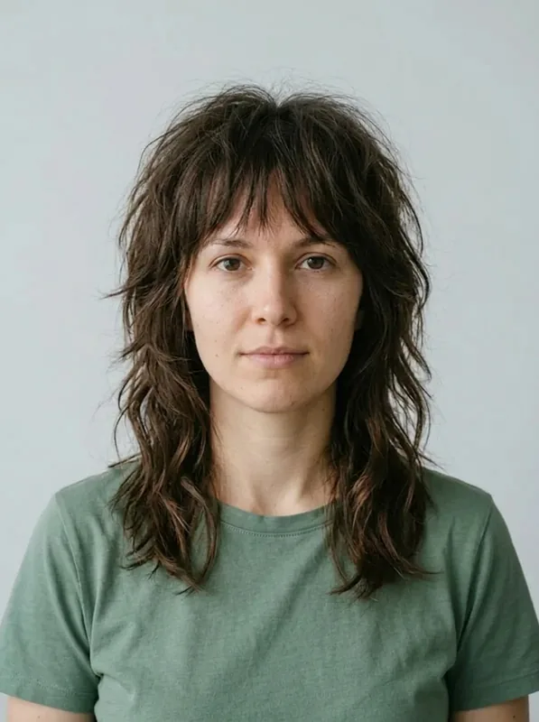 Wavy Wolf Cut preview on the same fictional woman in a green shirt