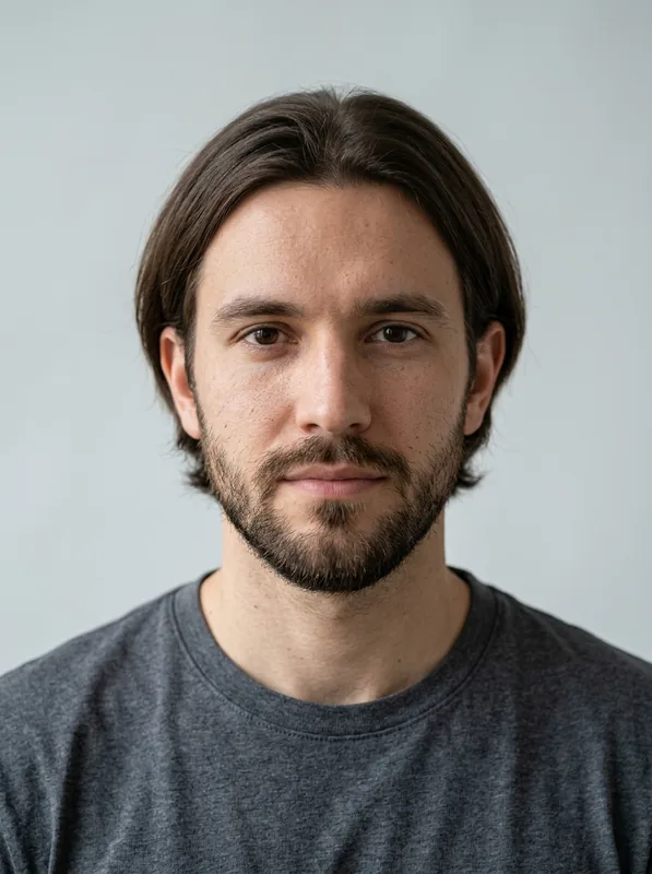 Original fictional man with medium-length dark brown hair, a beard, and a charcoal shirt