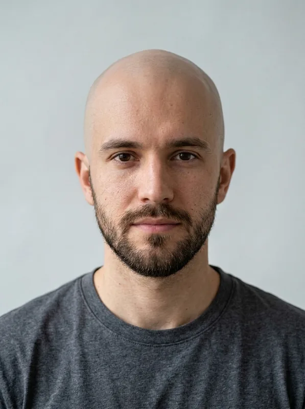 Bald Head / Clean Shave preview on the same fictional man with a beard in a charcoal shirt