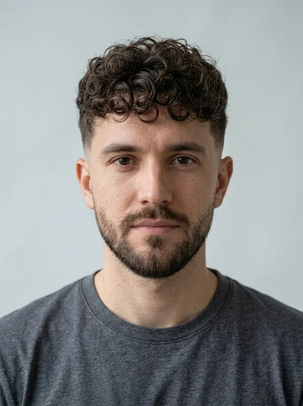 Curly Top with Skin Fade preview on the same fictional man with a beard in a charcoal shirt
