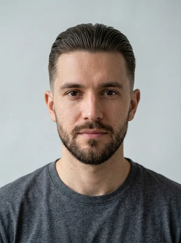 Slicked-Back Undercut preview on the same fictional man with a beard in a charcoal shirt