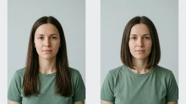 Side-by-side portrait comparison of long dark brown hair and a chin-length bob