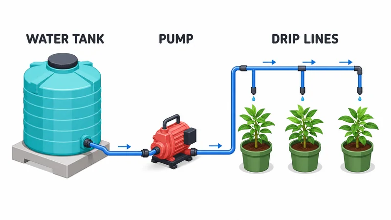 Water tank, pump and drip lines connected to three potted plants