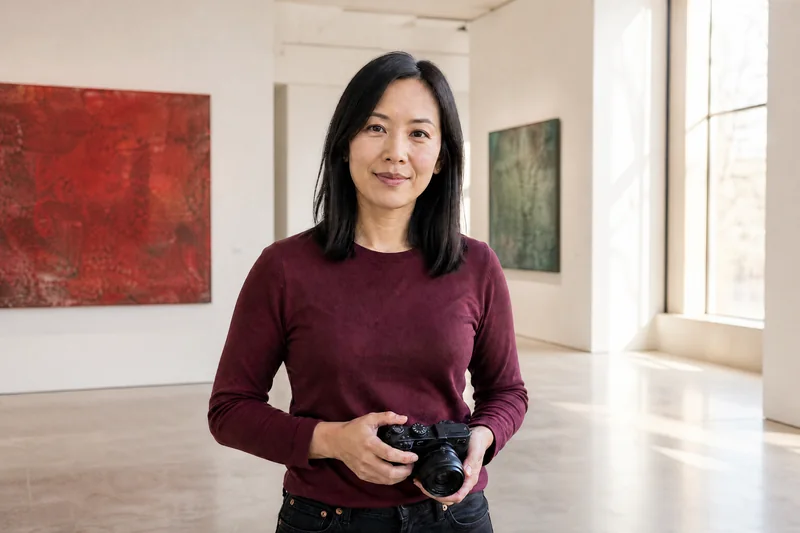 Woman holding a camera with her studio background changed to an art gallery