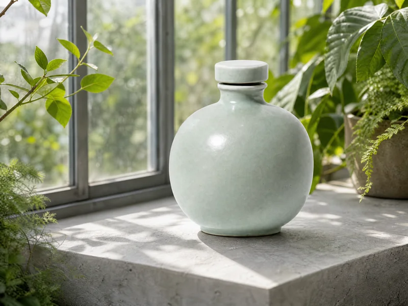 The same pale green ceramic bottle on a stone shelf in a sunlit greenhouse