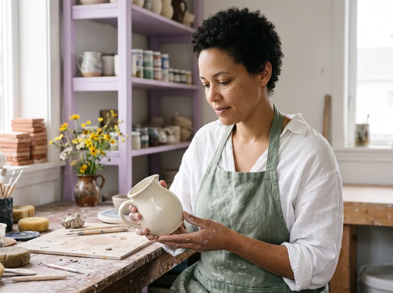 Ceramic artist holding an ivory pitcher with visible skin, glaze and linen textures