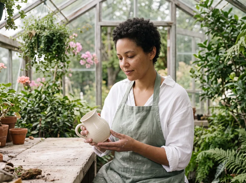 Reference portrait edited into a greenhouse while retaining the artist, hands and ceramic pitcher