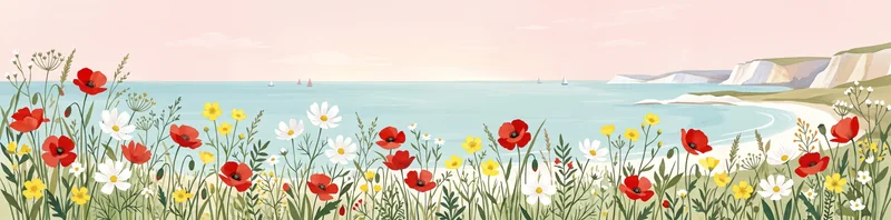 Continuous 4:1 panorama of colorful coastal flowers, turquoise sea and chalk cliffs